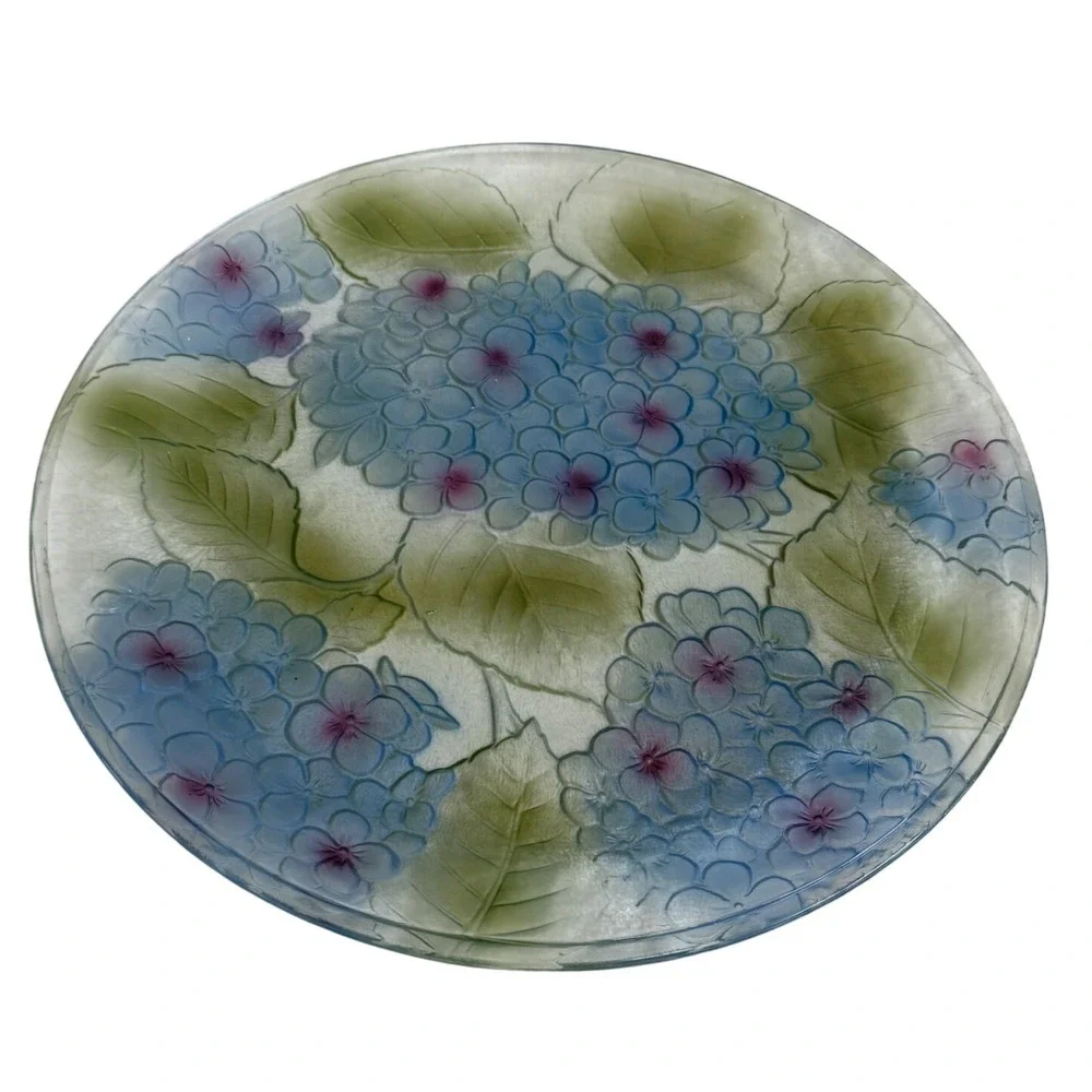 Vintage Blue Hydrangea Embossed Glass Serving Platter Round Floral Plate 13 inch